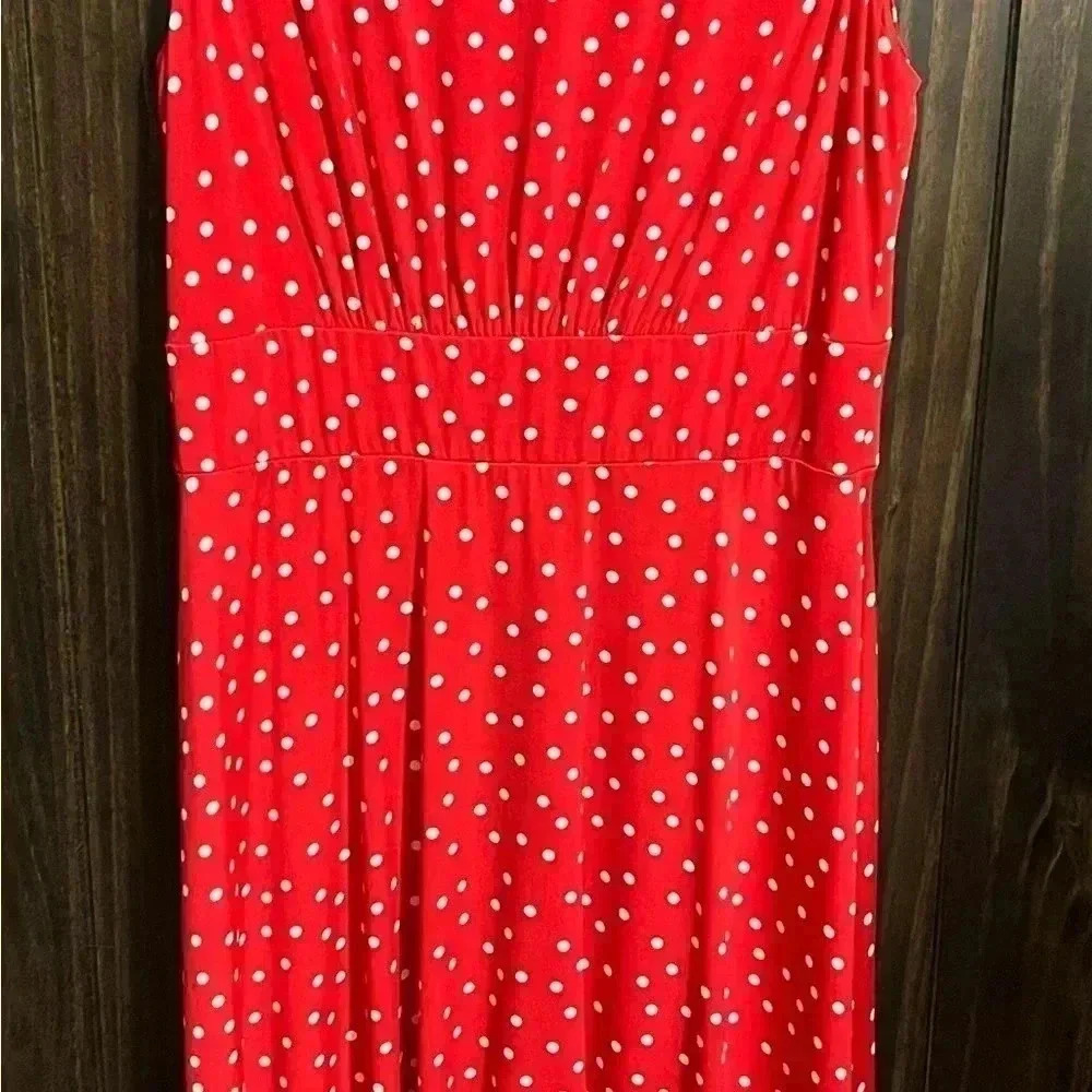 LONDON TIMES Sleeveless Flare Midi Dress Red with White Polkadots-Size: US 8 - Picture 8 of 10